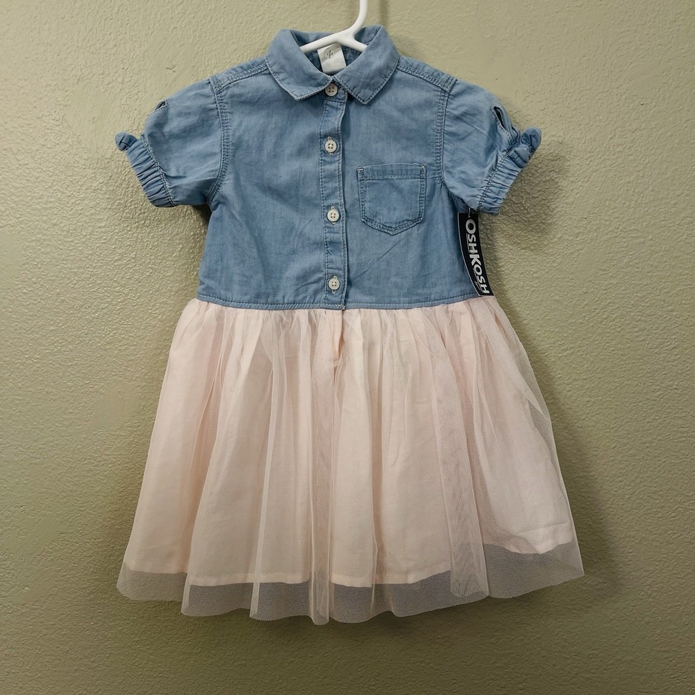 NWT OshKosh Toddler Tutu Dress Short‎ Bow Puff Sleeve Blue Pink Cotton Size 2T
